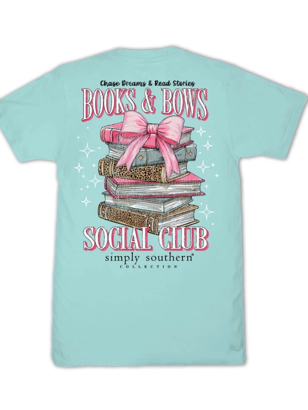 New Simply Southern Mint Tee with Pink Bow & Stacked Books Graphic XXL 2XL